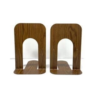 Vintage Industrial Faux Wood Grain Large Metal Book Ends Office‎ Library Decor